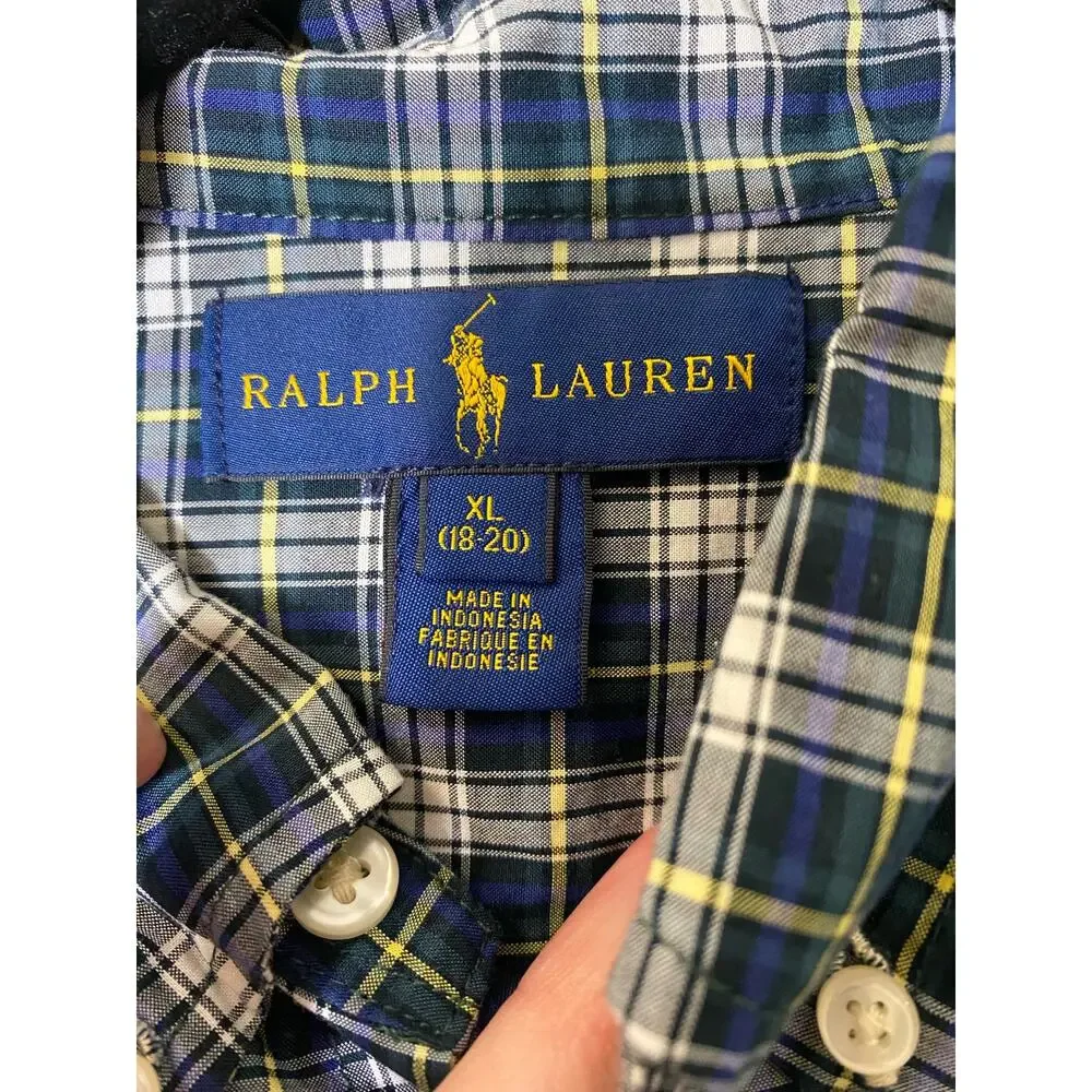 Boy's Ralph Lauren Blue Green Plaid Button Up Sz XL